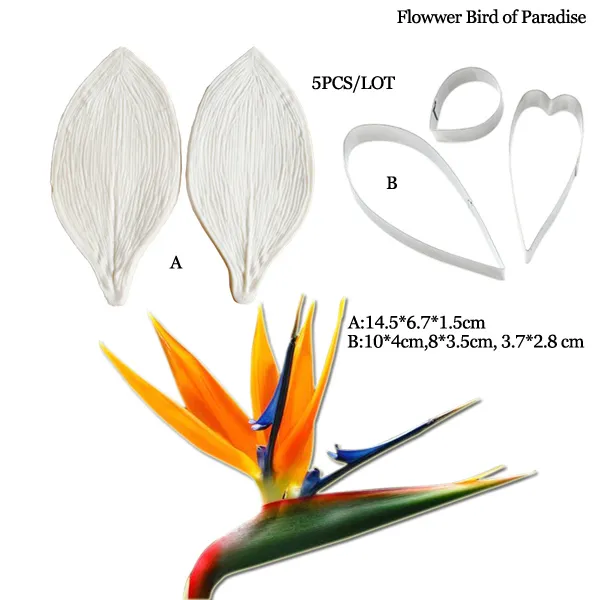 Grand Gumpaste Strelitzia Birds of Paradise Silicone Moule de fleur de fleur outils de décoration Gumpaste, Moules d'argile de sucre CS374