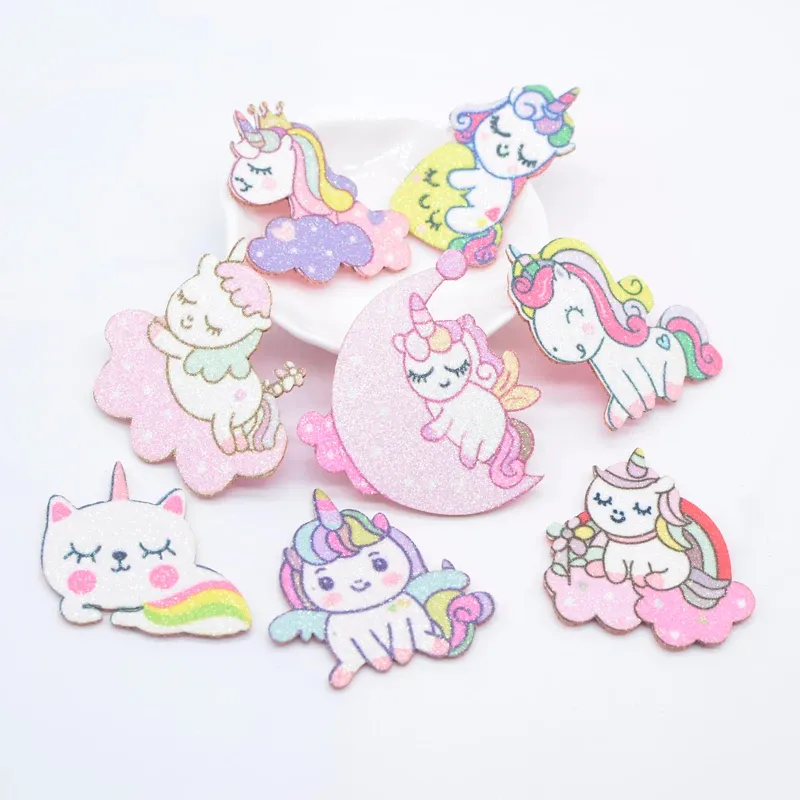 10pcs Glitter Print Appliques Desser Cat jednorożec do DIY rzemieślnicze ciasto Topper Headwear Fryzury