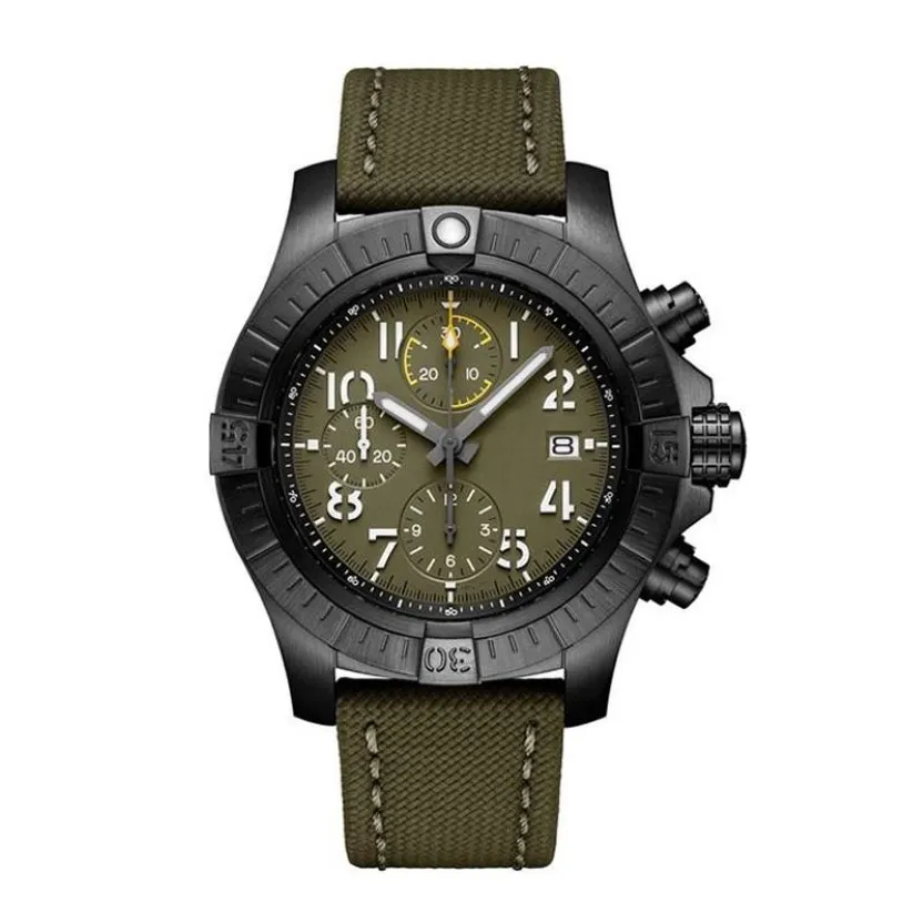 46 mm mannelijke polshorloge Men Quartz Chronograph Bekijk zwart groen canvas rubberen band saffier kristal waterdicht213c