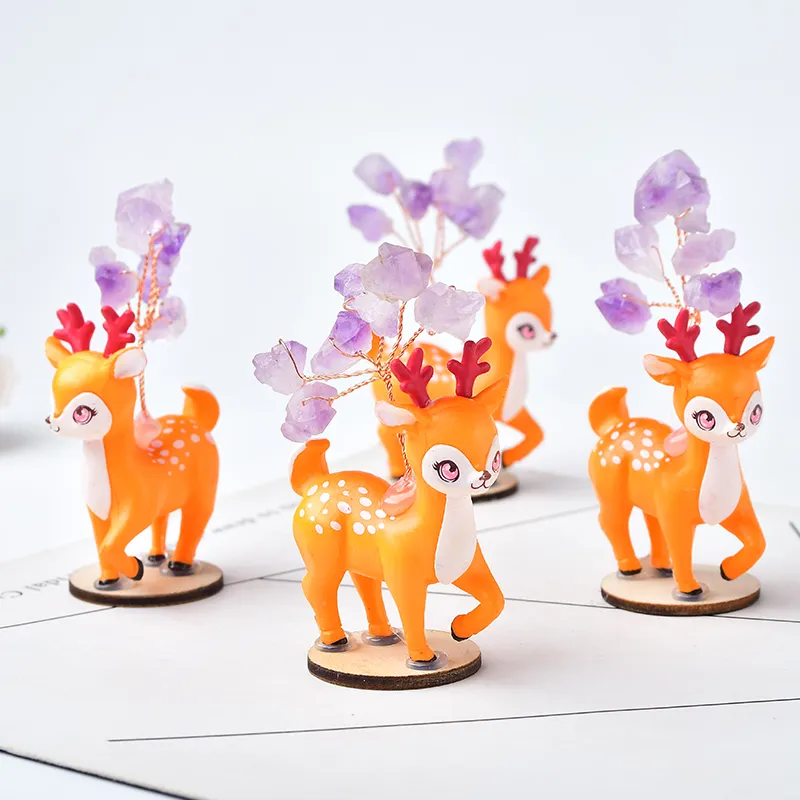 Ametista naturale Ametista Christmas Christmas Lucky Tree Stone Mineral Ornaments Sika Deer Figurine Decorazioni natalizie