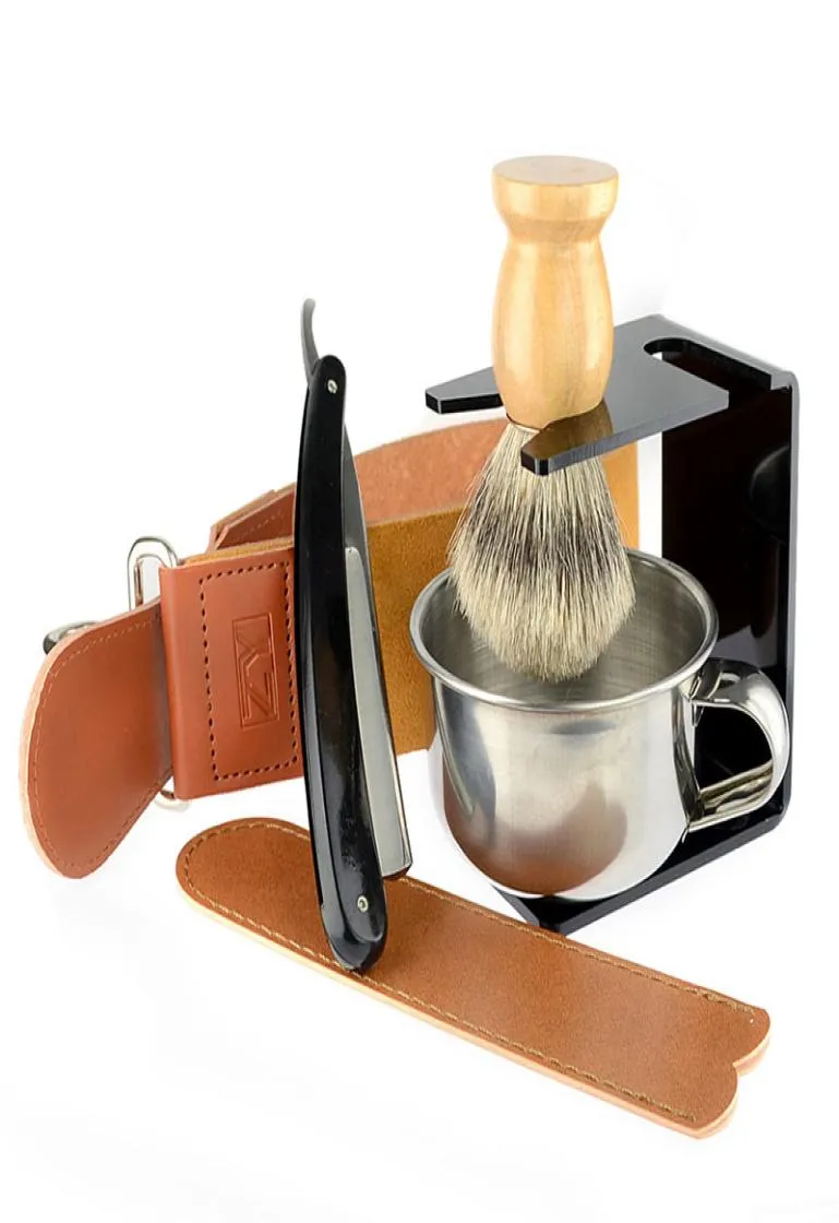 Straight Razor Gold Dollar Badger Shaving Brush Soap Bowl Barber Leather Sharpening Strop Strap Men Shave Beard Set2943541