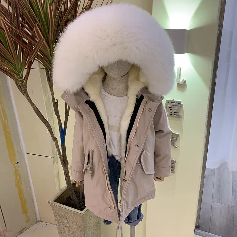 Winter Kids Girls Real Pur Coat Warm Baby Rabbit Fur Jacket For Girls Gross Feled Coat Long Children Outwear Tz167