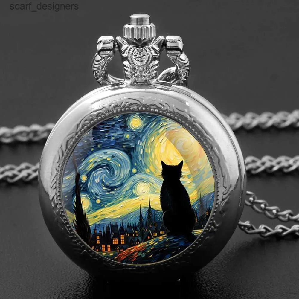 Pocket Watches berühmte Malerei Katze Vintage Quarz Pocket Womens Glass Dome Halskette einzigartige Anhänger Silber Bell Geschenkzubehör Y240410