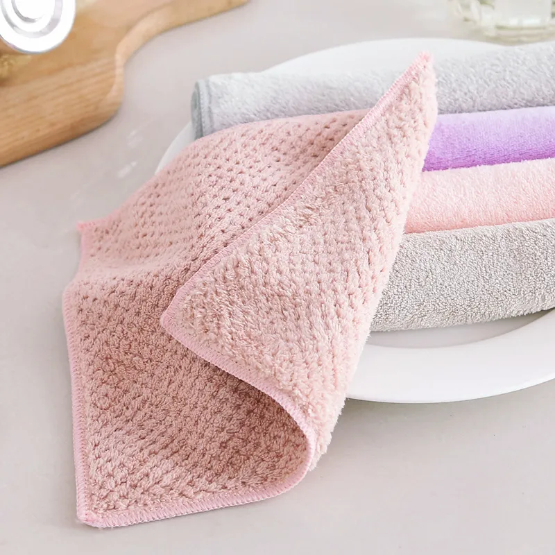5PCS/Set Household Kitchen Towel Absorbent Thicker Double-layer Microfiber Kitchen Dishwashing Cloth cleaning cloth beige#pink