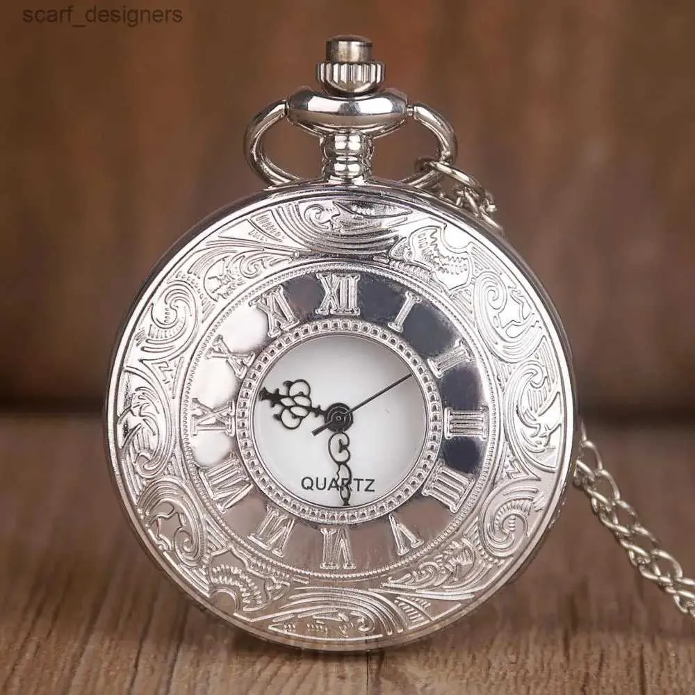 Pocket Watches Fashion Silver Hollow Dial Steampunk Quartz Pocket Stainless Steel Pendant Chain Gift For Men Women Friend Y240410