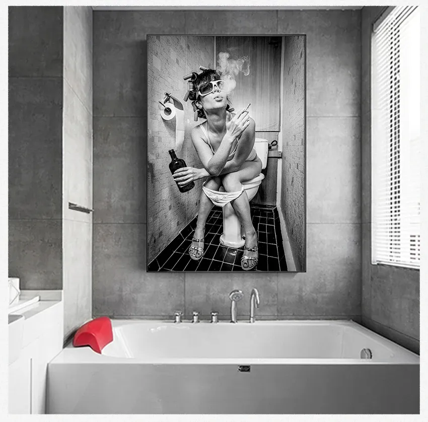 And Drinking Bathroom Picture Poster Black And White Painting Toilet Sexy Woman Man Canvas Prints Bar Girl Smoking