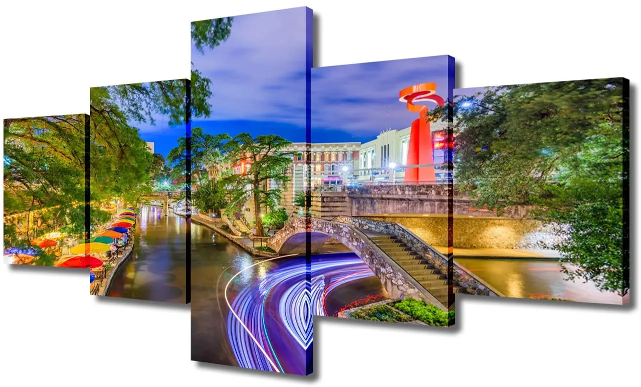 5 Panel Cityscape San Antonio Alamo Canal River Walk Street Die Stadtöl Leinwand Wandkunst HD Print Room Dekor 5 Stück Bilder