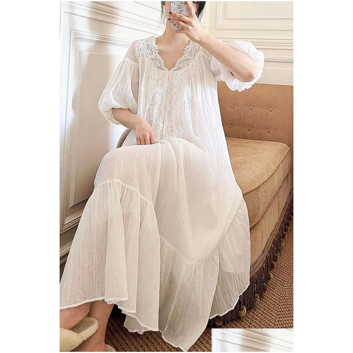 Womens Sleepwear Vintage Women French Style Lace Dress Ladies Short Sleeves V Neck Nightgowns Cotton Long Nightdress Nightie Drop Deli Dh217