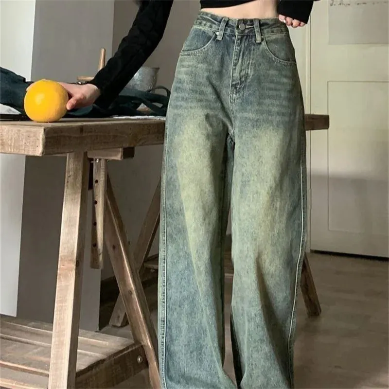 Pantalon en jean droit sacgy vintage pour femmes américain mode haute taille jeans streetwear automne allmatch occasionnel pantalon 240401