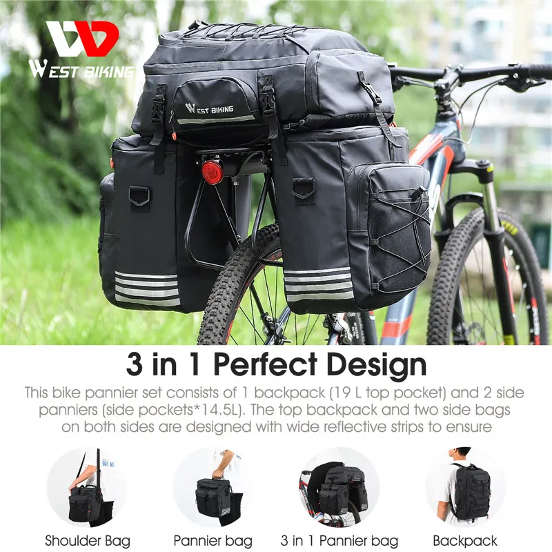 West Biking 3 in 1 Bike Rear Pannier48L防水多機能によるバッグロードMTBサイクリングスポーツ旅行バックパック