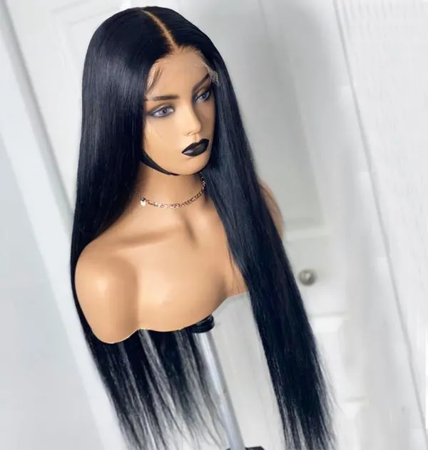 180densität Glueless schwarz farbig Remy gerade Spitzen -Vorderperücke für Frauen Bündel mit Baby Haar vorgepresst hitzebeständiger Faser SO9824371