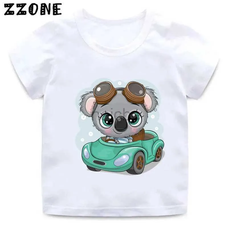 T-shirts kinderen grappige dieren t-shirts schattige koala drive een auto cartoon grafische meisjes kleding zomer baby jongens t shirt kinderen topsoo5445 240410
