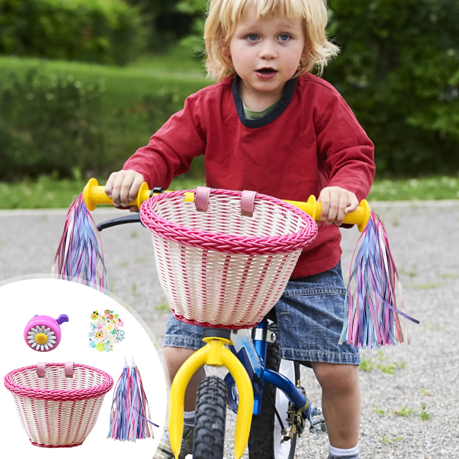 Boy Girls Bike Basket с наклейками с колокольчиками и кисточками для детских велосипедных велосипедов