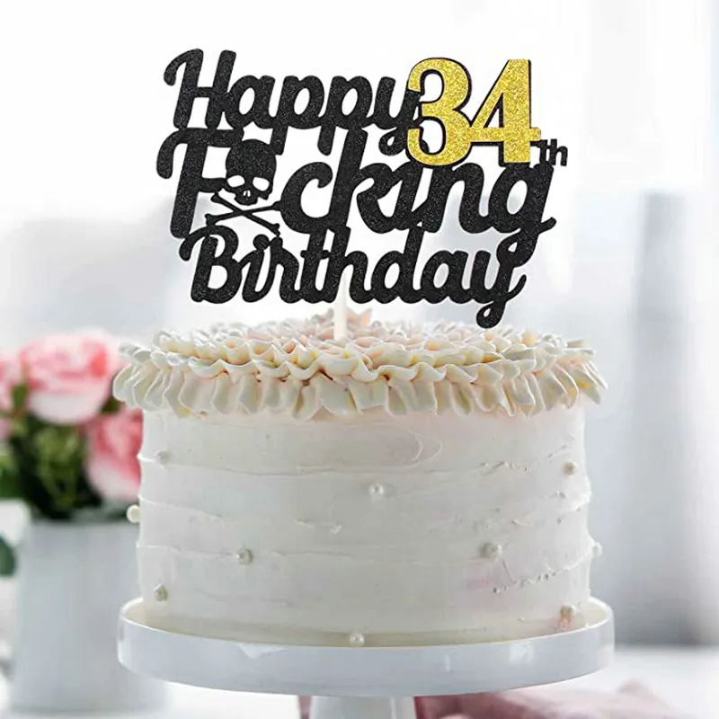 カスタムメイドのお誕生日おめでとうケーキトッパー、ブラックゴールドグリッター、面白い誕生日34歳のパーティーの装飾、女性と男性のためのサイン