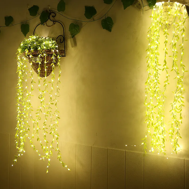 Sztuczne pary na zasłony światła Fałszywe zieleń Garland Willow Liście na przyjęcie weselne Baby Shower Christmas Home Decor