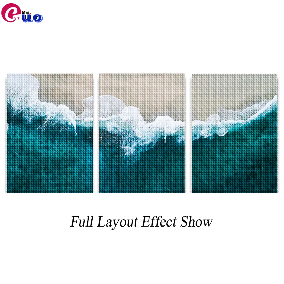 3 stycken Wave Beach Landscape Abstrakt Art Diy Diamond Målning Cross Stitch Triptych Diamond Mosaic Pictures Living Room Decor