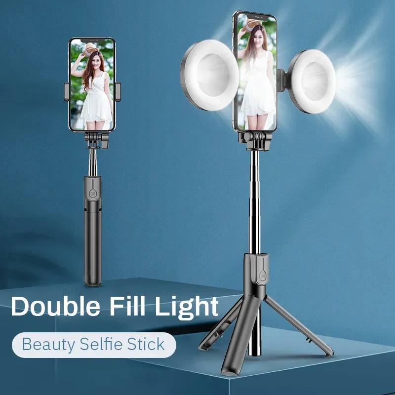 Attacca Stick selfie wireless Bluetoothcopatible con anello LED Monopode Tripod pieghevole per iPhone per Android Live Tripod