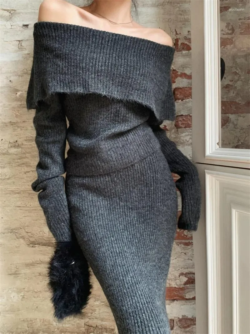 Work Dresses PLAMTEE Winter Slim Knitwear Suits Women Chic Slash Neck Sweaters 2024 Gentle Sexy Maxi Skirts Office Lady High Street