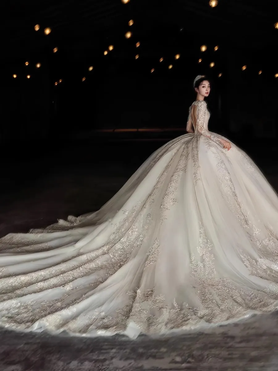 Beaded Mesh Bride’s Train Scoop neckline long sleeves keyhole back ball gown wedding  main image 2