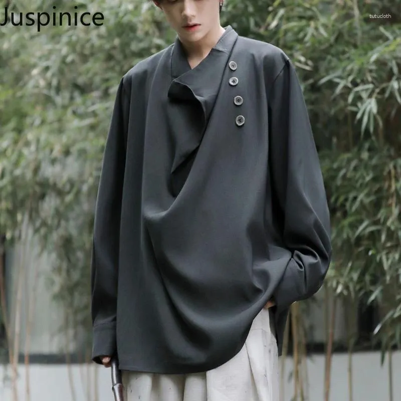 Camisas casuais masculinas outono estilo chinês de manga longa camisa de pulôver lapela solta jaqueta drapeada de rua