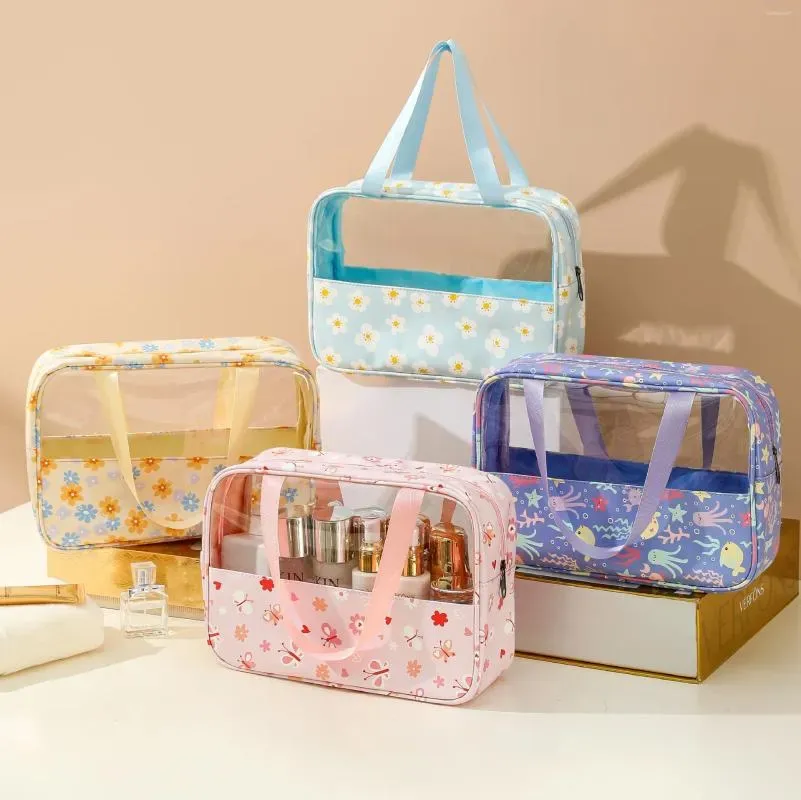 Bolsas de cosméticos Bolsa transparente impressa higiene pessoal de emenda à prova d'água de grande capacidade Viagem Bolsa portátil de armazenamento