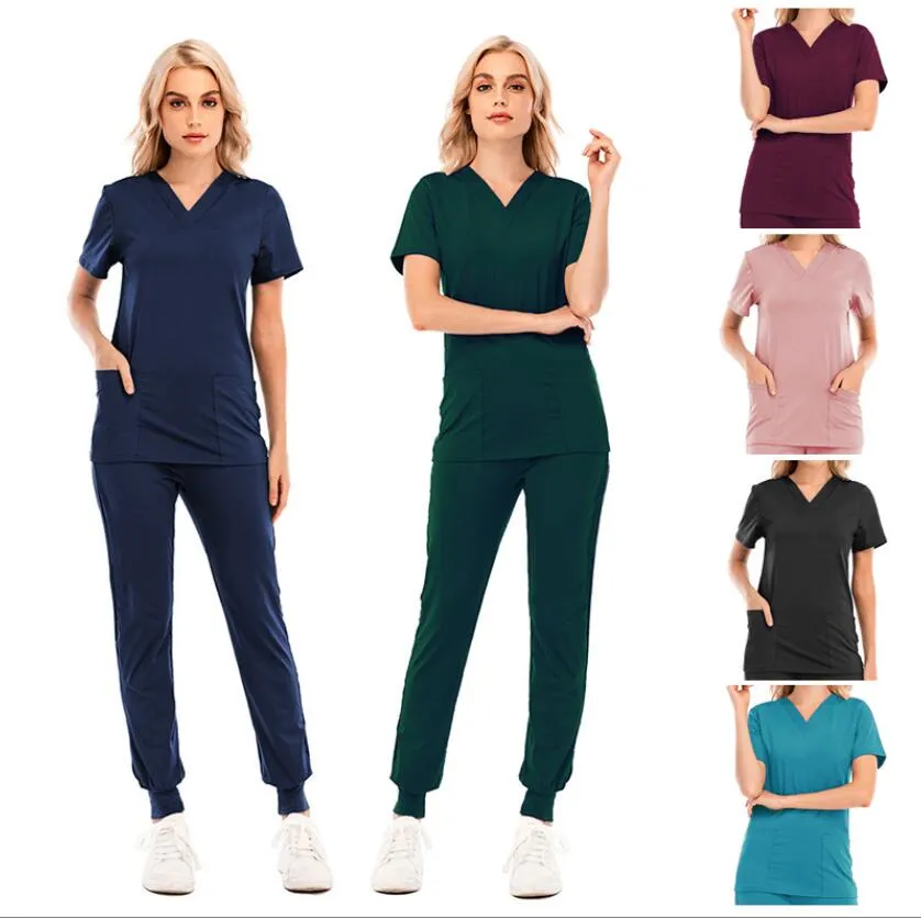 Women'S Two Piece Pants Womens Solid Color Spa Threaded Clinic Work Suits Tops Uni Scrub Pet Nursing Uniform Drop Delivery Apparel