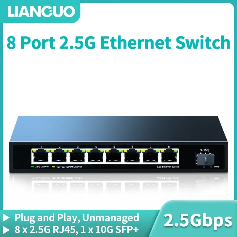 Switches Lianguo 2.5 GBE 8 Port Network Switch 2.5 Gbps Ethernet Switch 10 GB SFP+ SLOT Home Lab Small Setup Unmanaged Plug and Play Switch