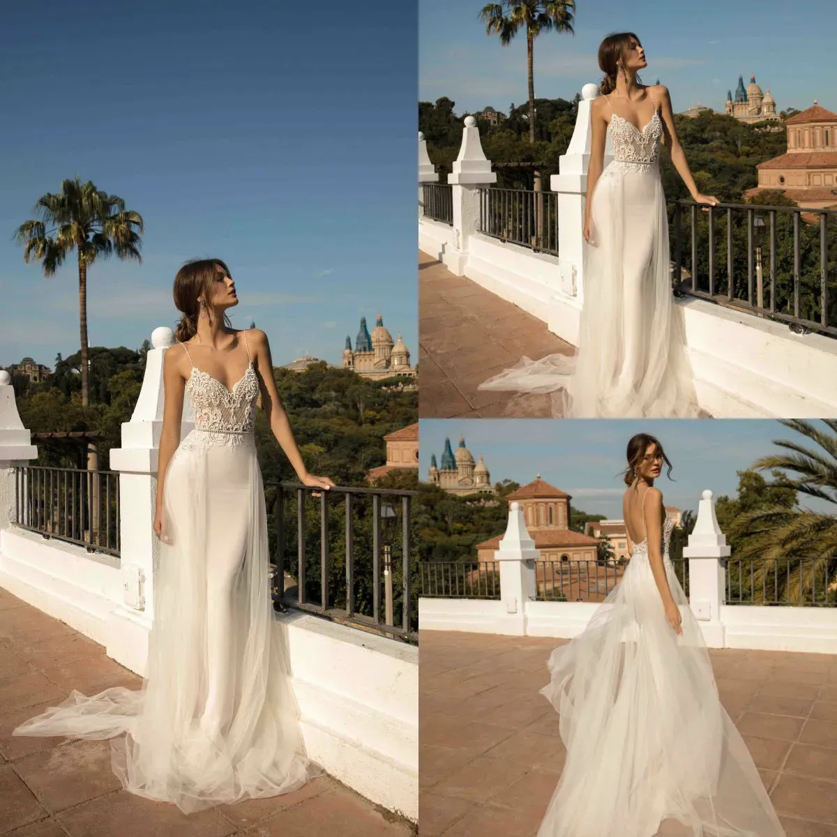 Berta 2024 Wedding Dress Sexy Spaghetti Straps Backless Lace Appliques Bridal Gowns Detachable Train A Line Wedding Dress