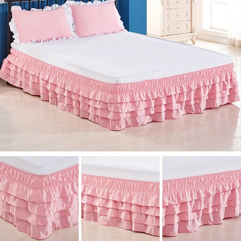 4 lager Ruffled sängkjol Wrap Around Elastic Bed Skirt Bed Cover utan Surface Home Hotel Bed Kjol Twin/ Full/ Queen/ King