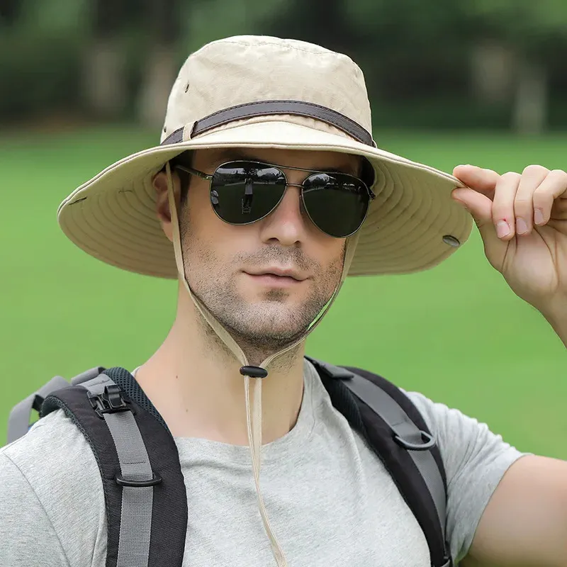 Masculino verão ao ar livre largura sol chapéu de sol UV Caminhada dobrável boné de pesca respirável balde dobrável boonie240410