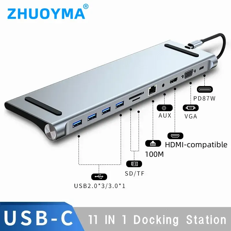 Stacje Sprzedaż MacBook Docking Station 11 in 1 Hub Adapter Typec OM VGA USB3.0 4KHD 100WPD 100MBPS RJ45 Audio Voor Matebook Laptop Splitt