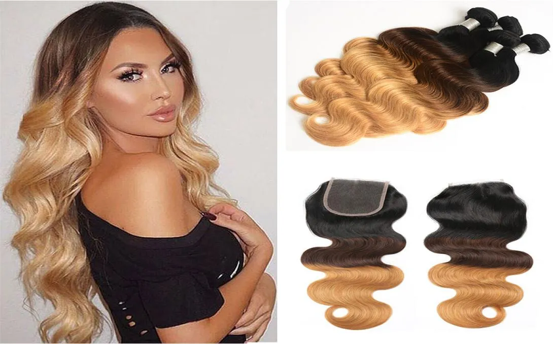 Ombre Human Hair Weave Bundles with Closure 3 Tone Blonde 1B427 Colored Brazilian Body Wave Human Hair Extensions with Lace Clo5993572