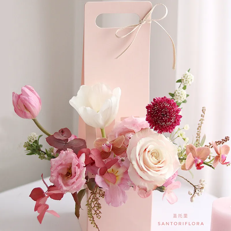 Fresh Flower Carrier Paper Flower Arrangement Basket Portable Flowers Box 12x11x42cm Portable Florist Waterproof Holder