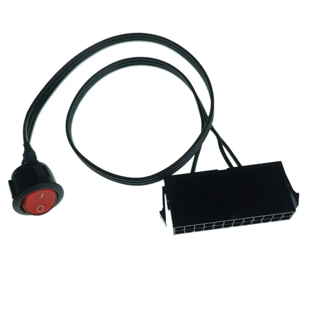 2024 PC Server ATX PSU 24Pin Female Socket Starter Switch Button Power Cable 18AWG Self-Lock Boat Shape 50cm Red Indicator Light