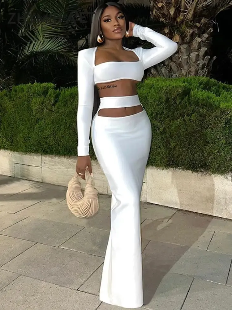 Zhymihre Elegant White Square Collar Crop Top et jupe longue