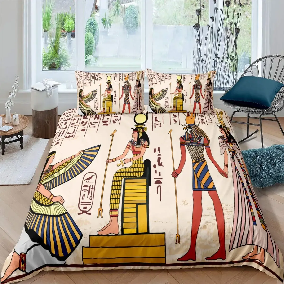 Altes Ägypten Duvet Cover Set ägyptische Symbol Bettwäsche Set Vintage Pharaoh Pyramid Boho Tribal Polyester Quilt Cover 2/3pcs Königin