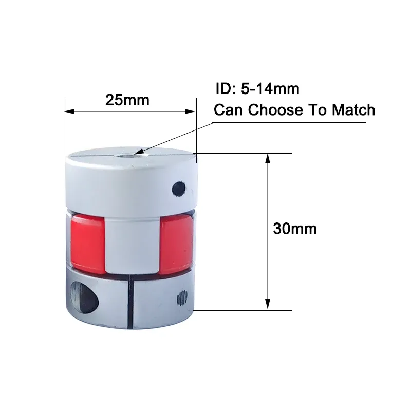 D25L30 TWEE-JAW SHAFT KUPLER ALUMINIUM MOTOR Flexibele askoppeling Connector CNC Flexibele koppels 5/6/6.35/8/9.25/10/12/14 mm