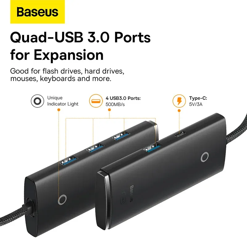 Stations Baseus Lite Series 4Port USBA USBB Typec Hub Adapter (USBA a USB 3.0*4) 25 cm