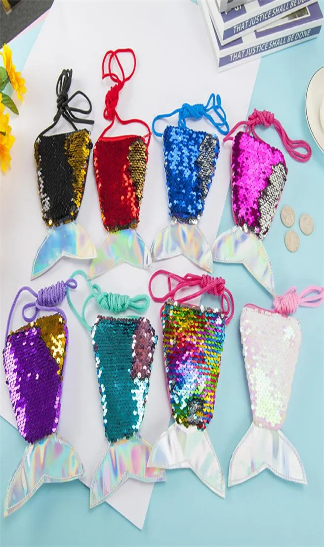 Barn Purses Girls Love Mermaid Sequins Zipper Coin Plånbok med Lanyard Vacker Fish Shape Tail Sling Money Card Purse Pouch Bag 3838221