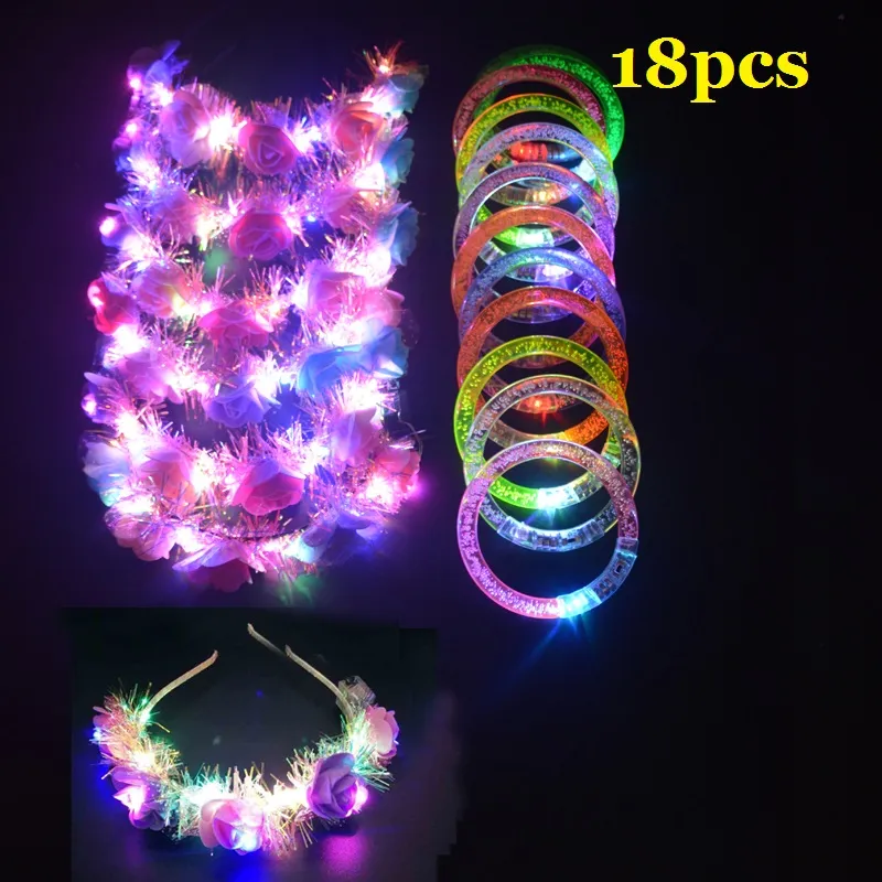 Bracelete de 18 pcs e coroa de flores de 6pcs, LED Light Up Party Favor Glow in Dark Birthday Wedding Festival Freshes Christmas