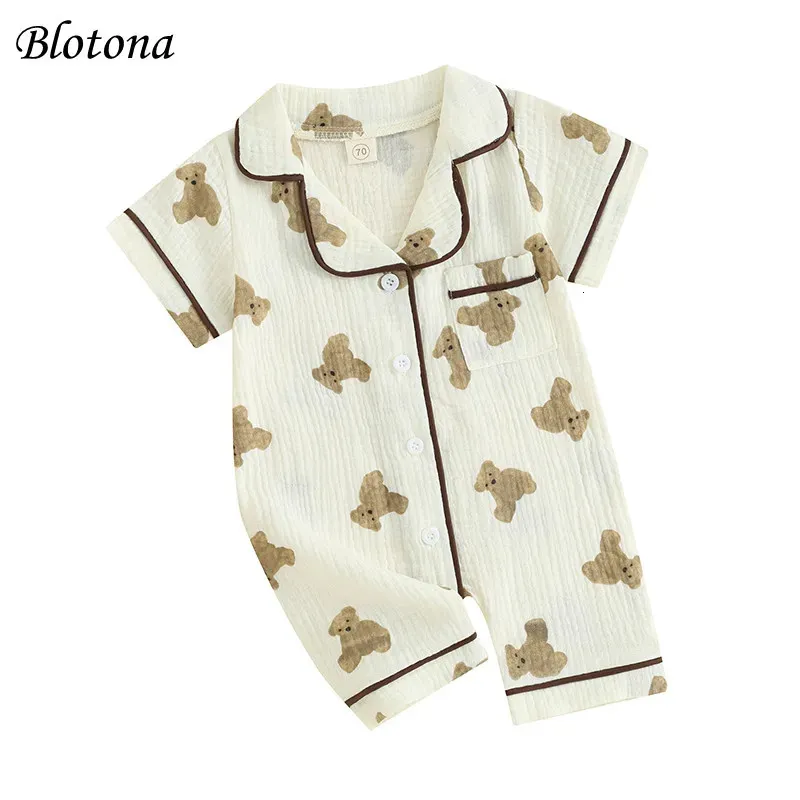 Blotona Baby Boys Girls Girls Summer Jumpsuit Pyjama Kurzschläfe Revers -Bären -Print -Knopf NALLEMETEN 024 MONTHS 240325