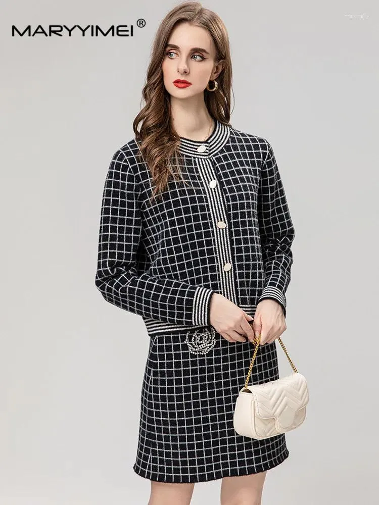 Werkjurken Maryyimei Fashion Spring Summer Suite dames lange mouw jas kristal korte rok plaid pluche tweedelige set