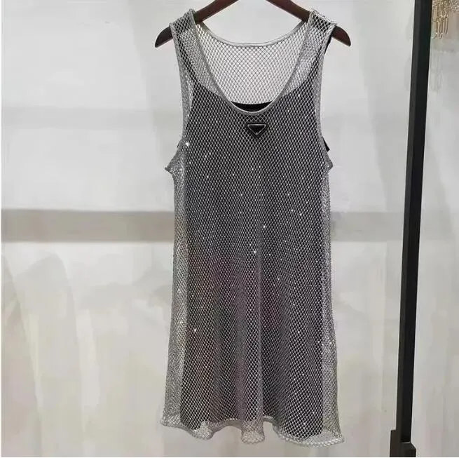 women's shiny rhinestone Hollow out camisole designer fashionable female Summer vest sexy ladies casual tees Dresses