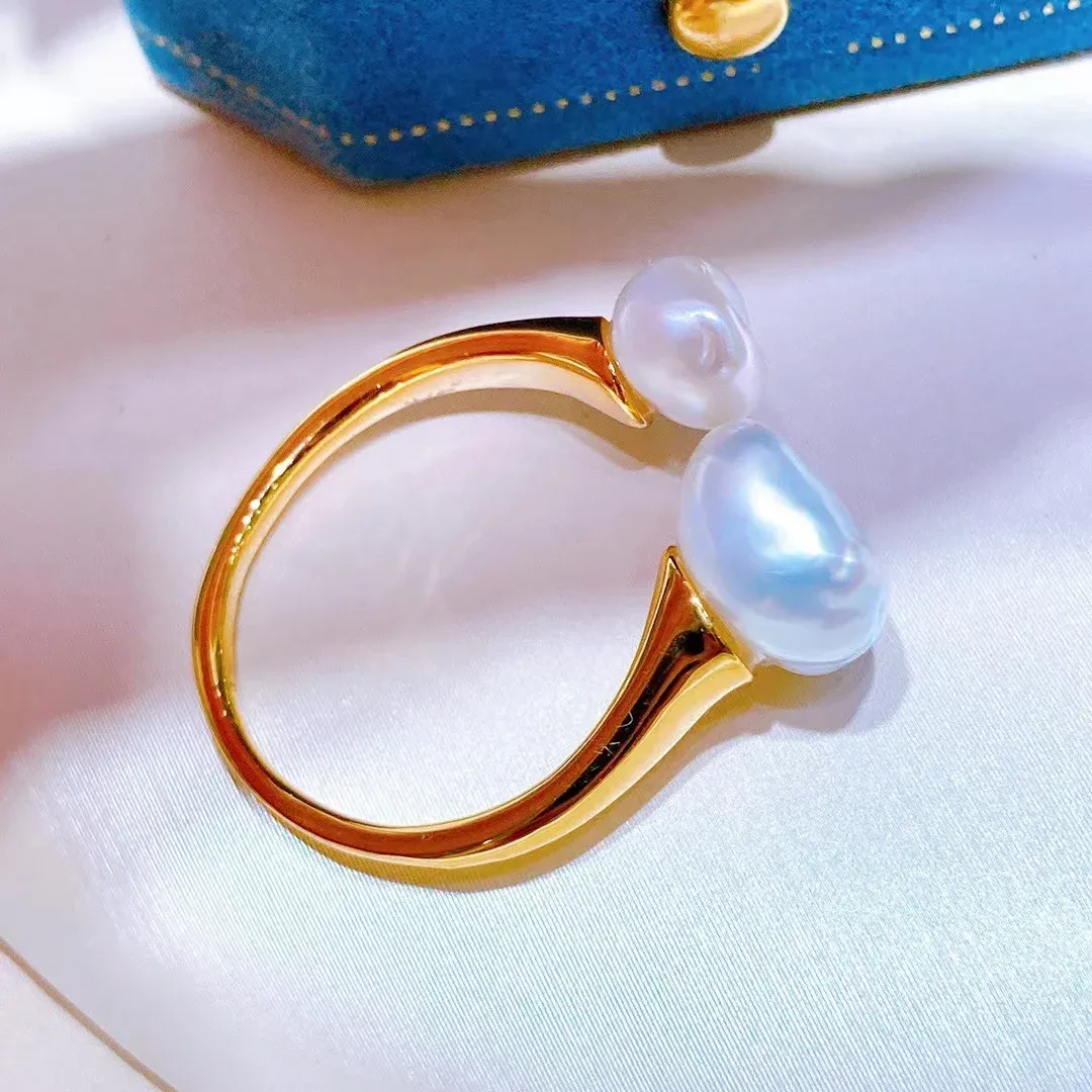 Заполненное 14 тыс. Золото классическое ретро натуральное пресноводное барокко двойное жемчужное кольцо 10-12 мм Подарок для женщин RD.