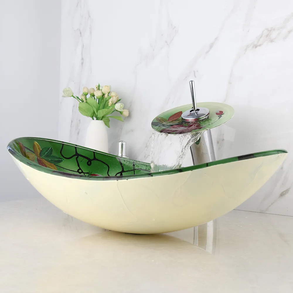 MUSUMI Bathroom Vessel Sink, Green Clear Light Tempered Glass Vessel Sink With - View #7