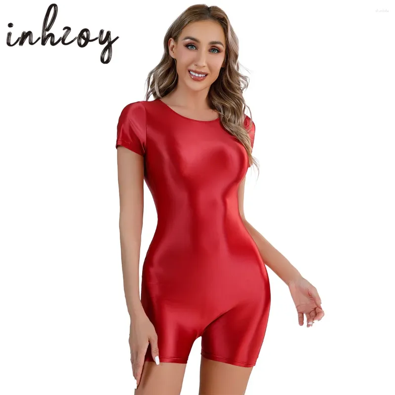 Dames zwemkleding vrouwen olie glanzende glanzende buis bodysuit elastisch één stuk bokser korte turnard sexy panty satijnen satijnen shaper zwempak