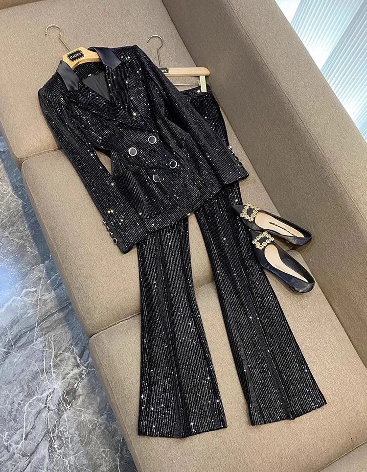 Spring Autumn Black Sequins Two Piece Pants Sets Long Sleeve Notched-Lapel Panelled Blazers Top + Flare Trousers Pants Set 2 Piece Suits O4M212621