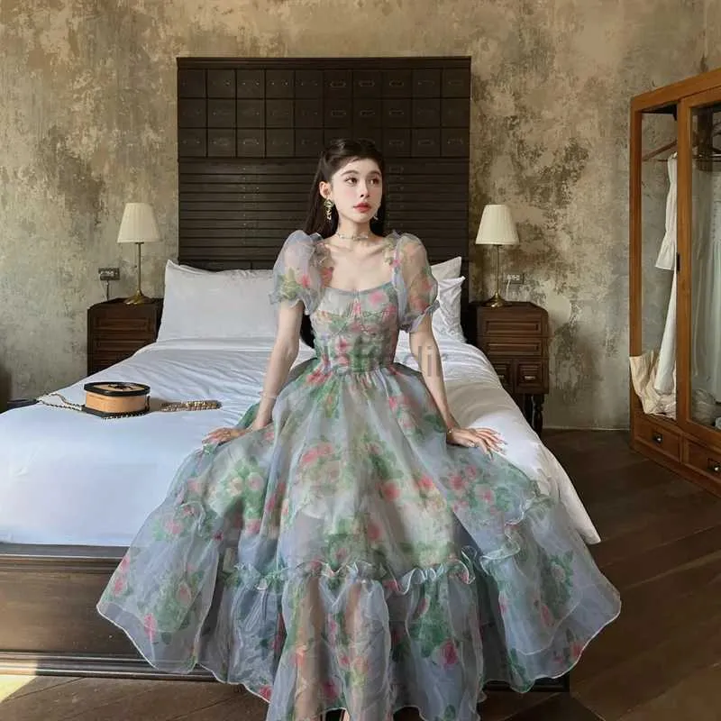 Urban Sexy Dresses Vintage Floral Evening Midi Maxi Dresses for Women Elegant Casual Party Prom Green Holiday Princess Fairy Long Dress Summer 2024 240410