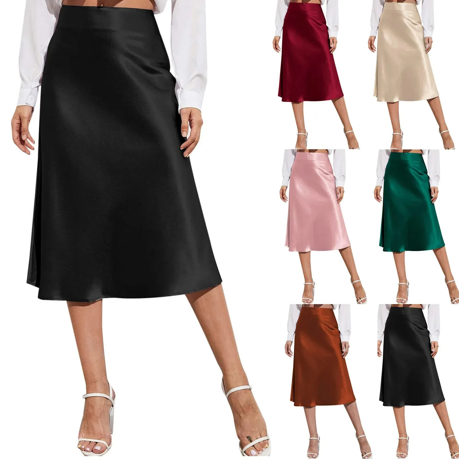 Ladies Chiffon Silk Skirt Fashion Womens Midi High Waist Solid Color Satin  Dress Zipper Elegant Female Summer Skirts 240402