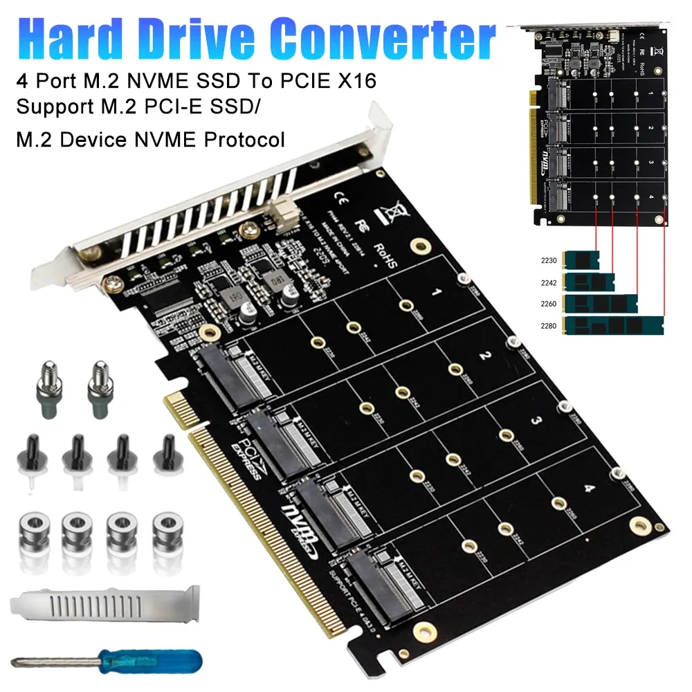 Cartas PCIE 4.0 X16 Mudar para 4 portas M.2 Card Adaptador com Calor Squote PCIEX16 NVME M.2 MKE